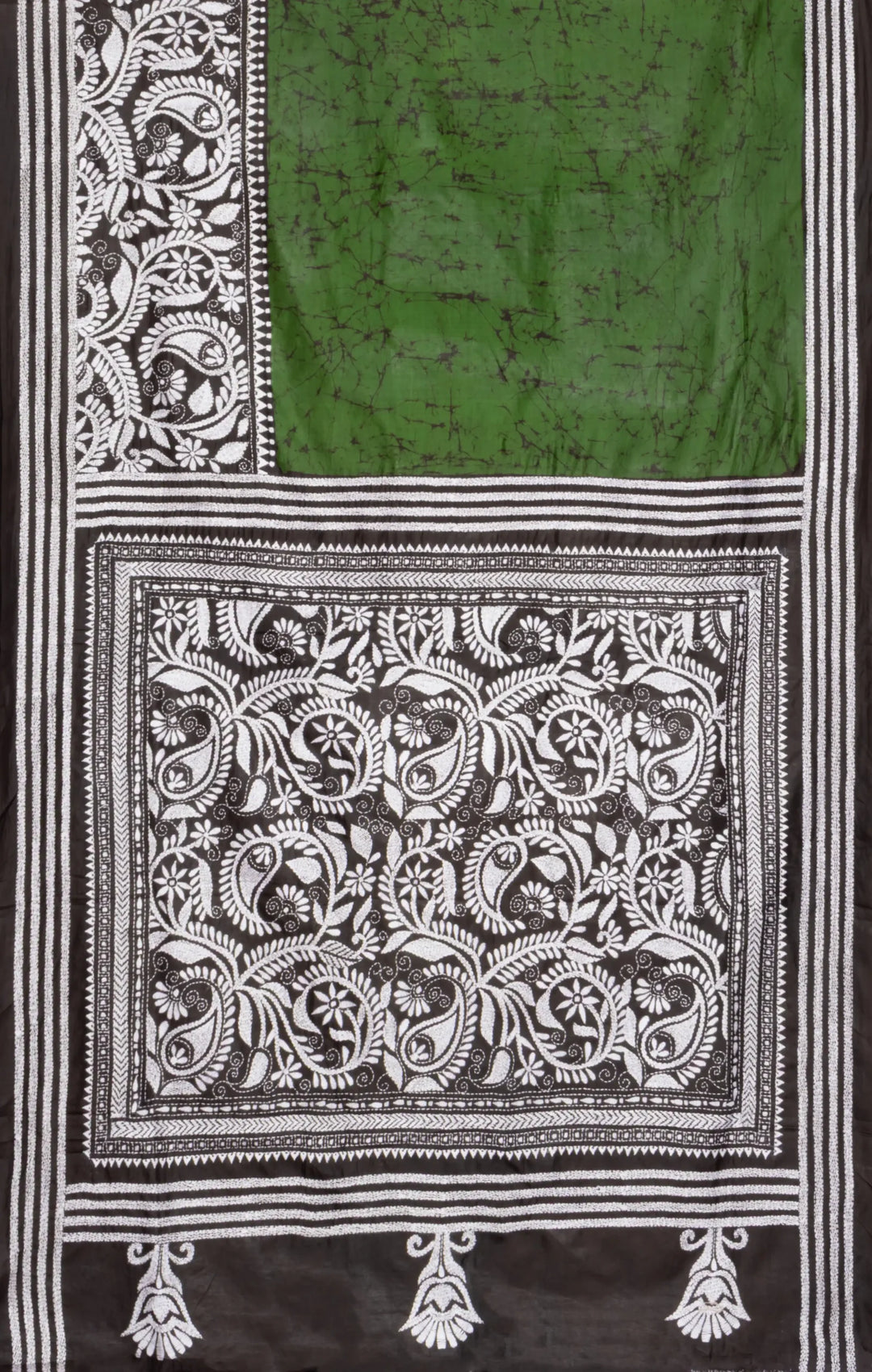 Dark green white handwoven batik print silk saree