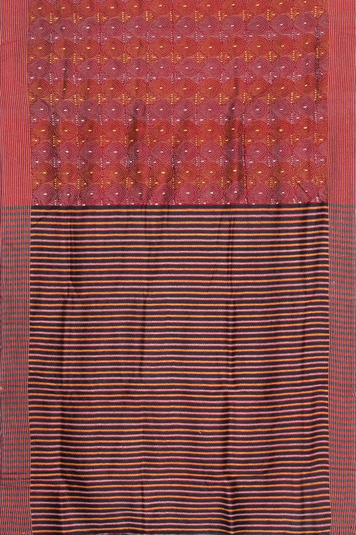Maroon striped handwoven kantha stitch silk saree
