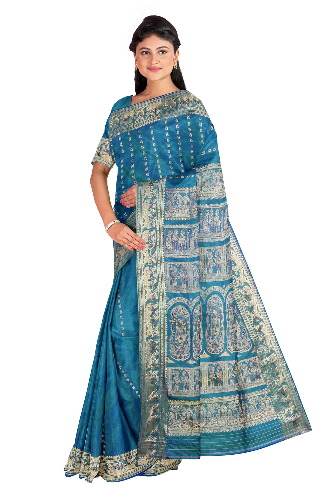 Dark green swarnachari handwoven baluchari silk saree