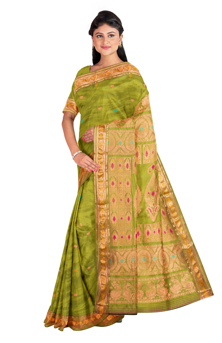 Dark green swarnachari hand woven baluchari silk saree