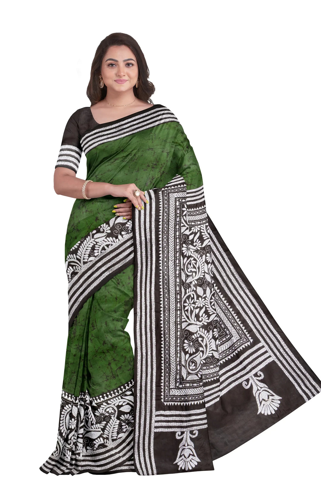 Dark green white handwoven batik print silk saree