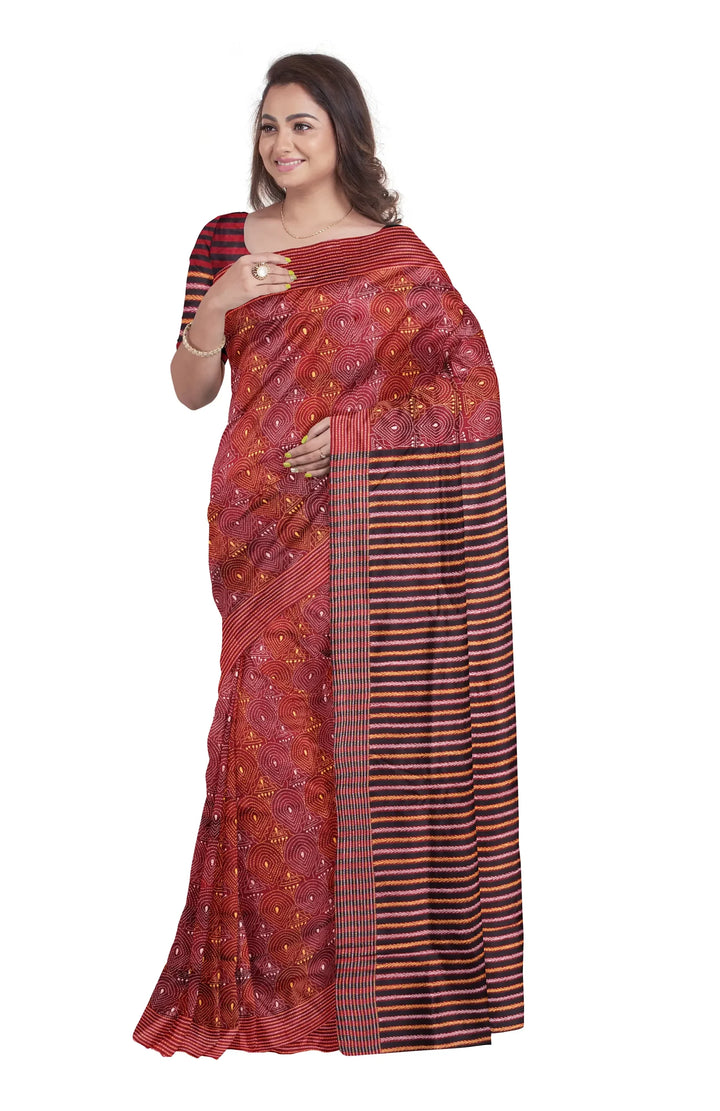 Maroon striped handwoven kantha stitch silk saree