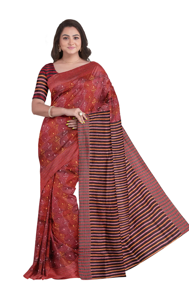 Maroon striped handwoven kantha stitch silk saree