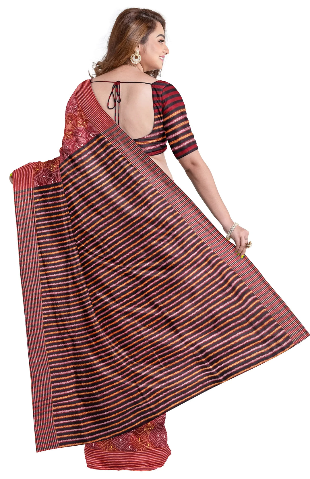 Maroon striped handwoven kantha stitch silk saree