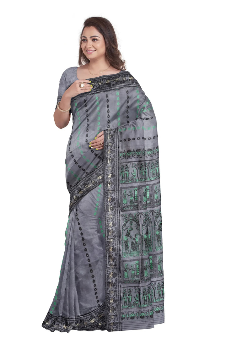 Grey black handwoven baluchari silk saree