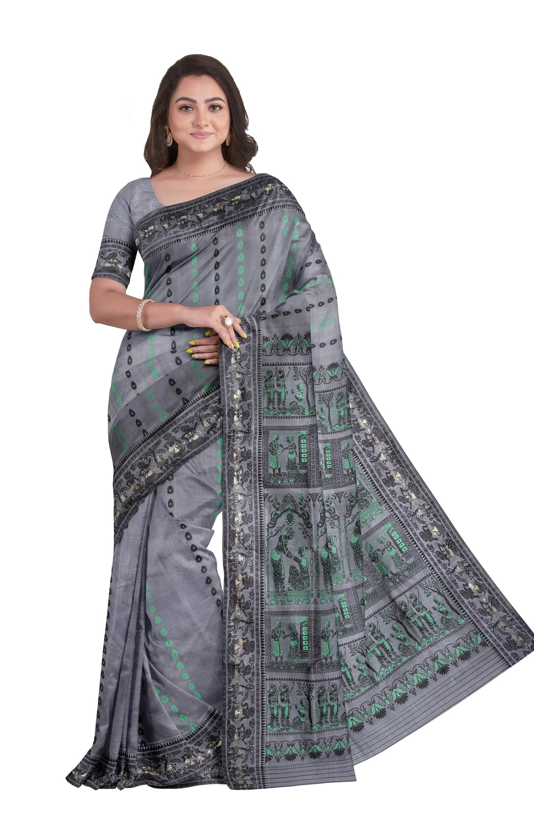 Grey black handwoven baluchari silk saree