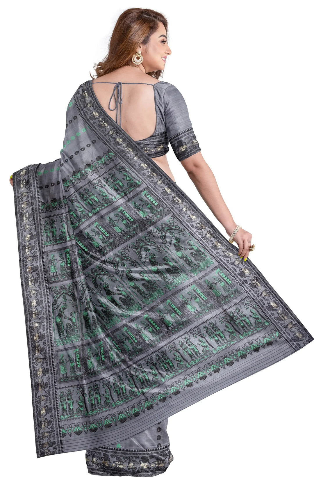 Grey black handwoven baluchari silk saree