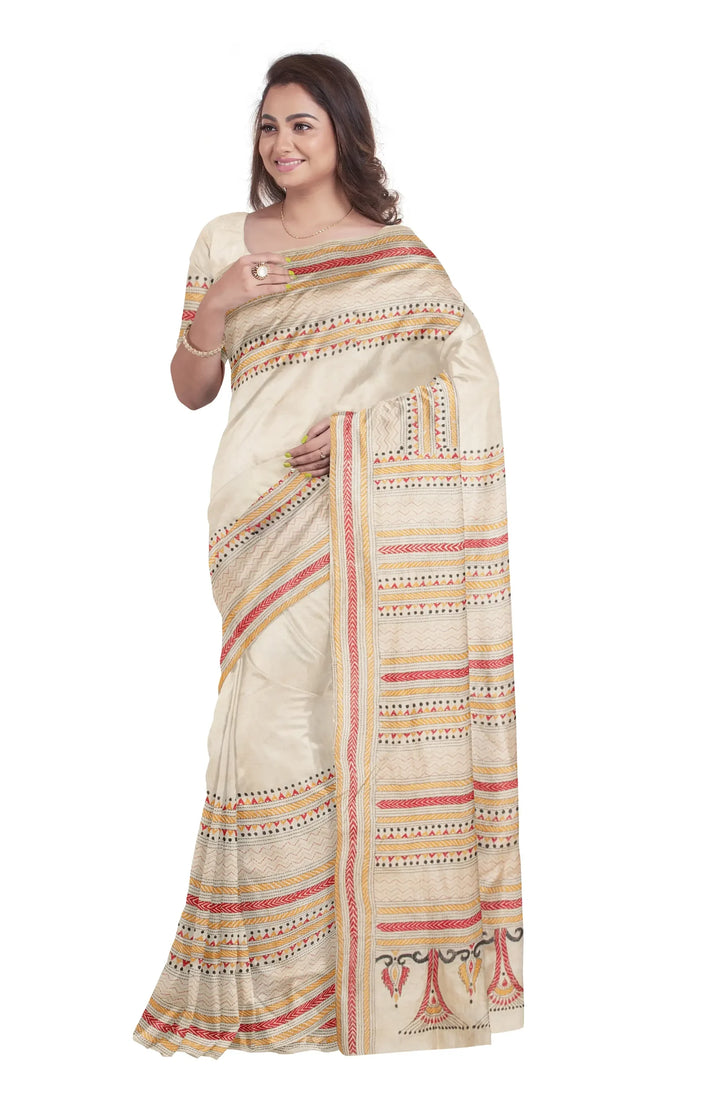 Multicolor handwoven kantha stitch tussar silk saree
