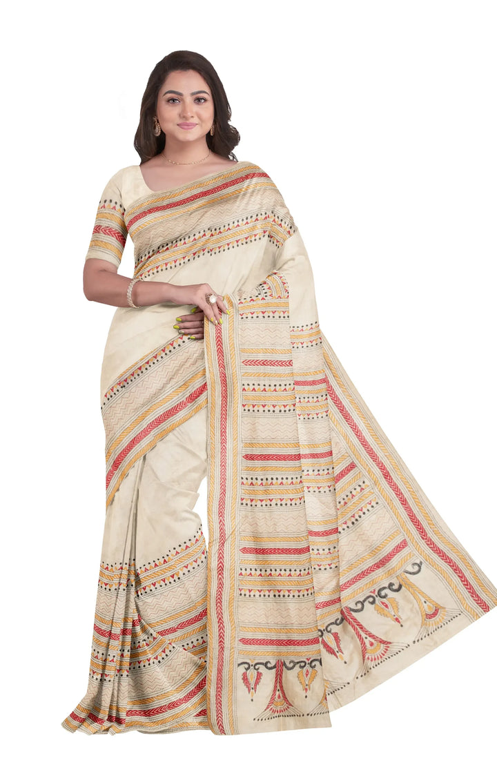 Multicolor handwoven kantha stitch tussar silk saree