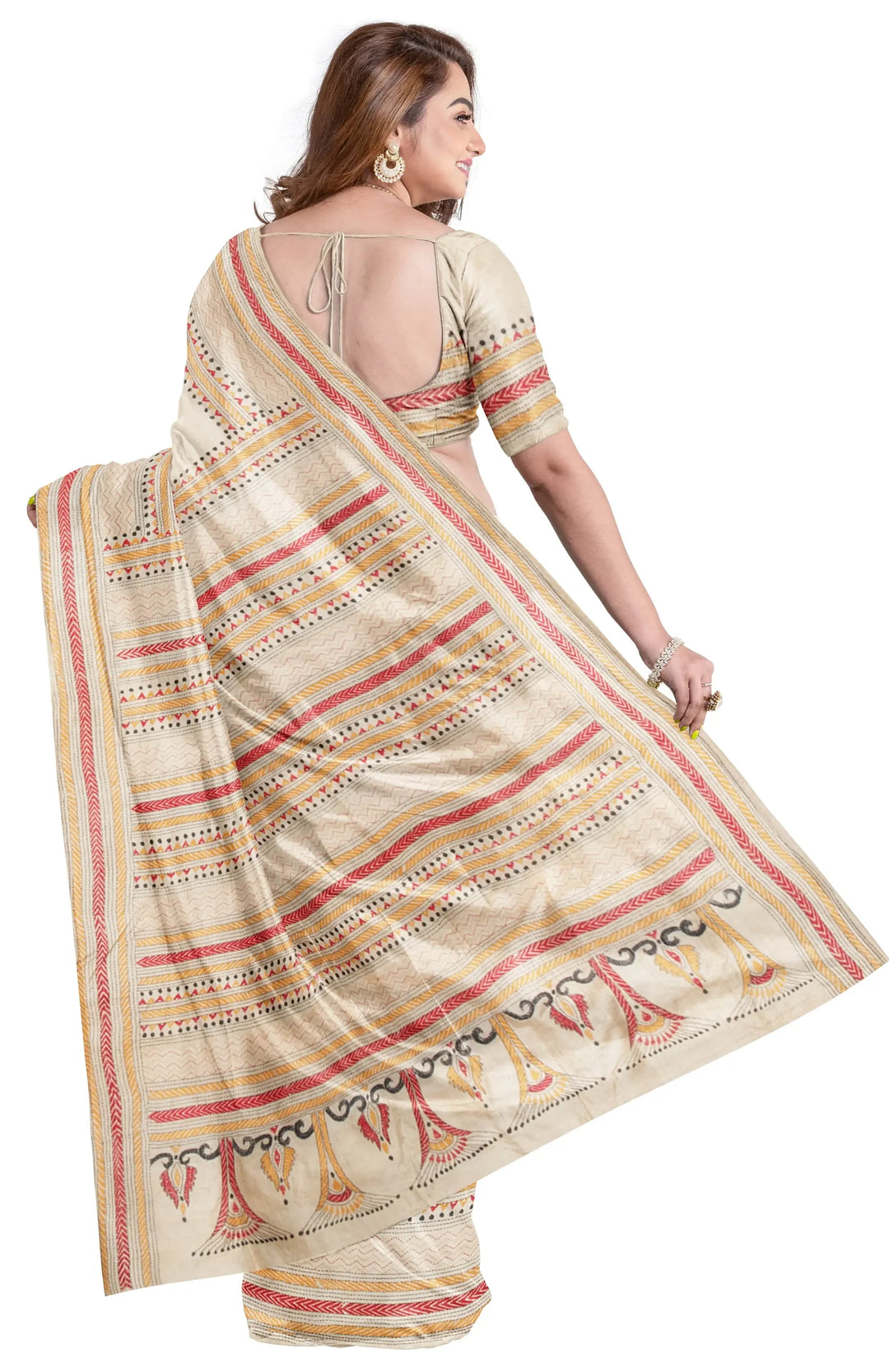 Multicolor handwoven kantha stitch tussar silk saree