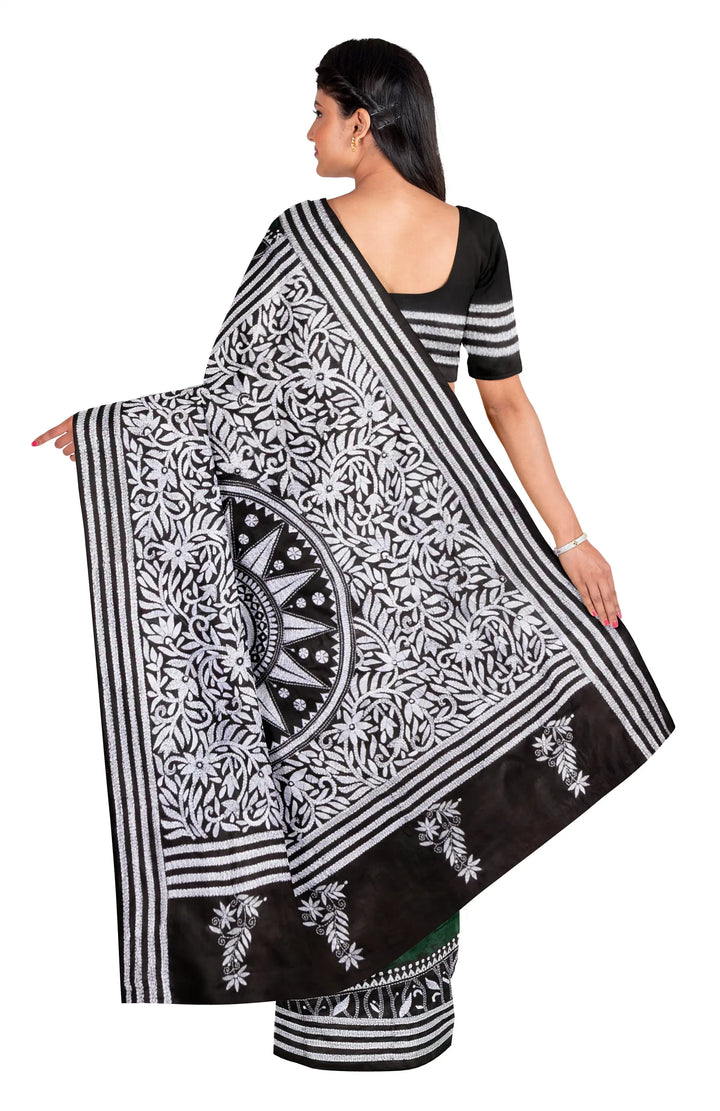 Dark green white batik print silk handprinted saree