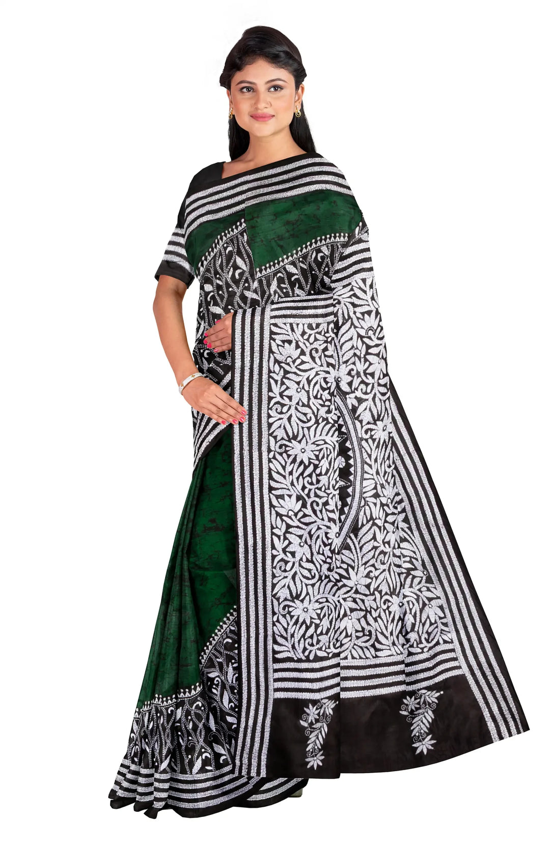 Dark green white batik print silk handprinted saree