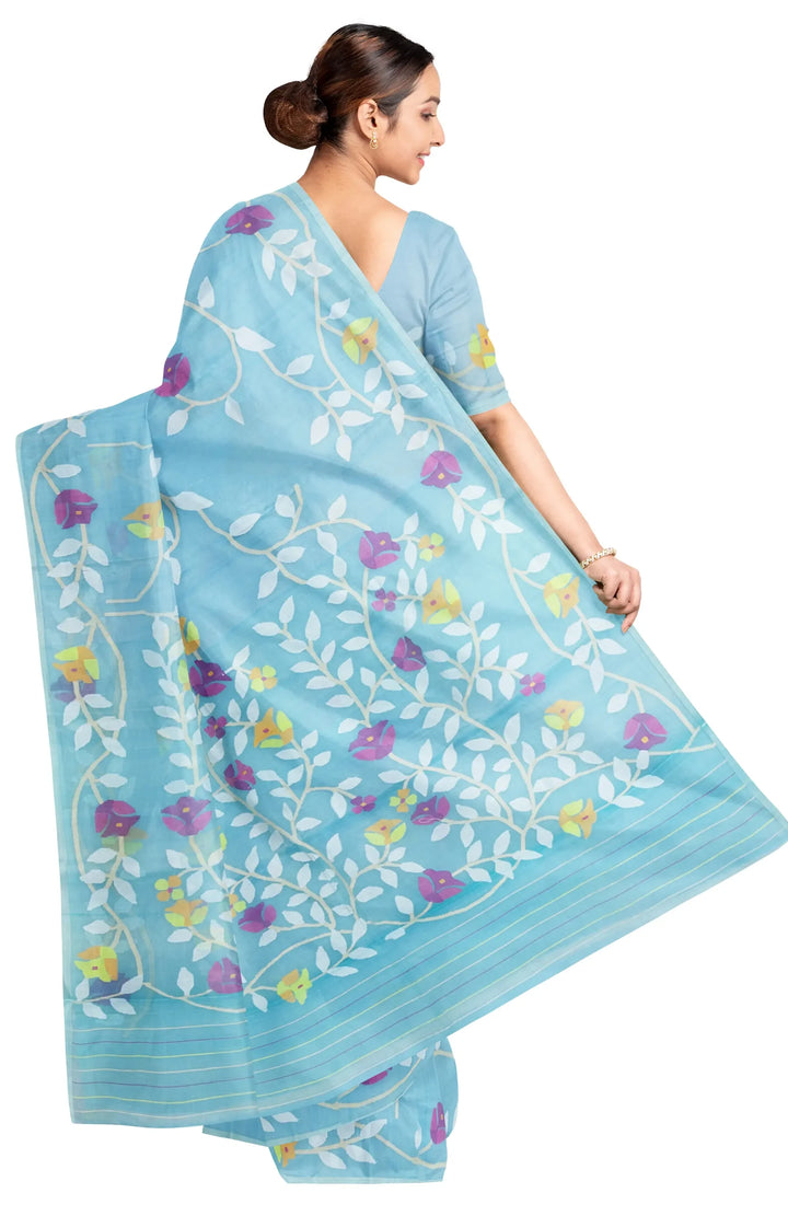 Kora Silk Jamdani Saree - Sky Blue