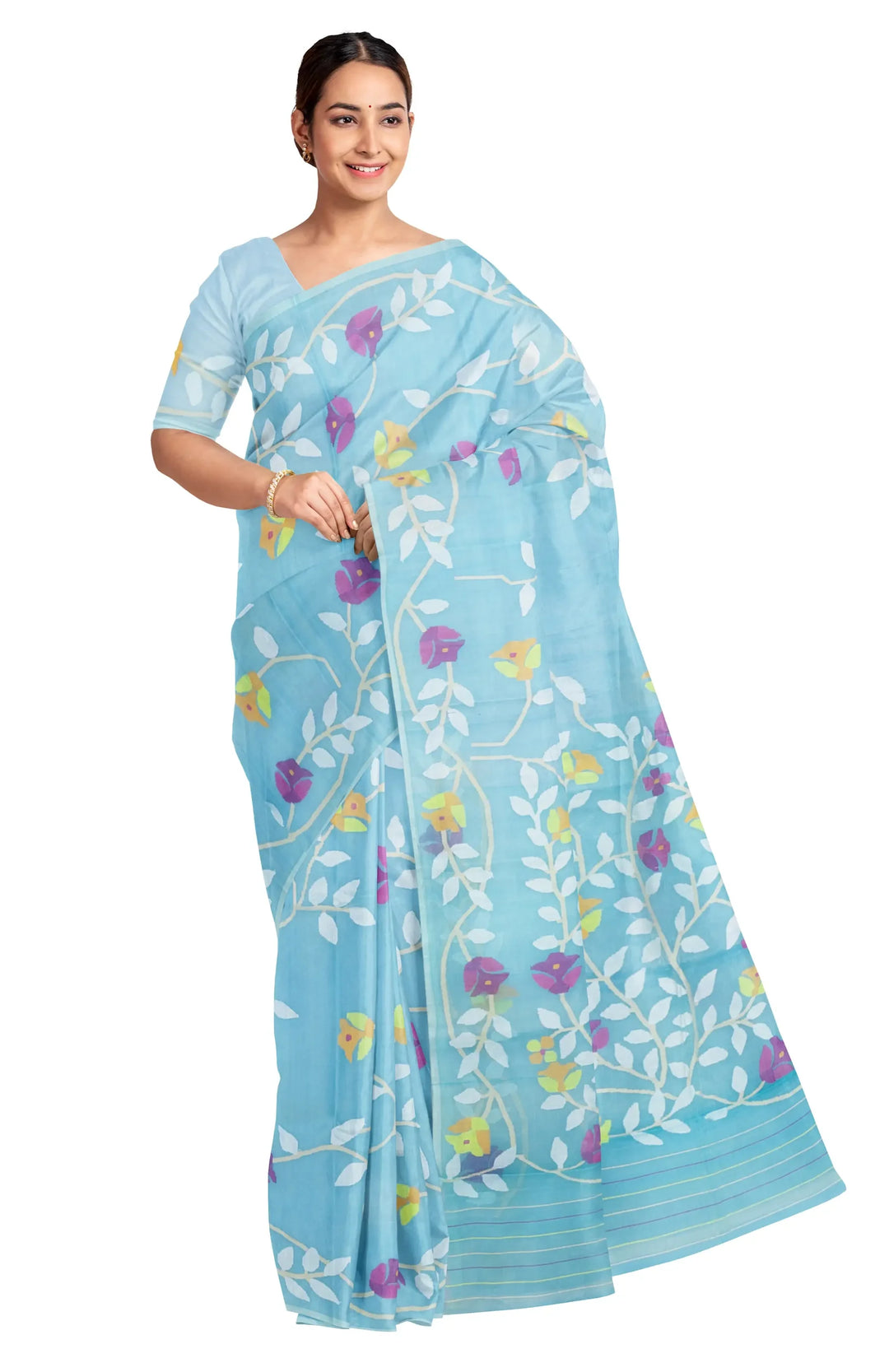 Kora Silk Jamdani Saree - Sky Blue