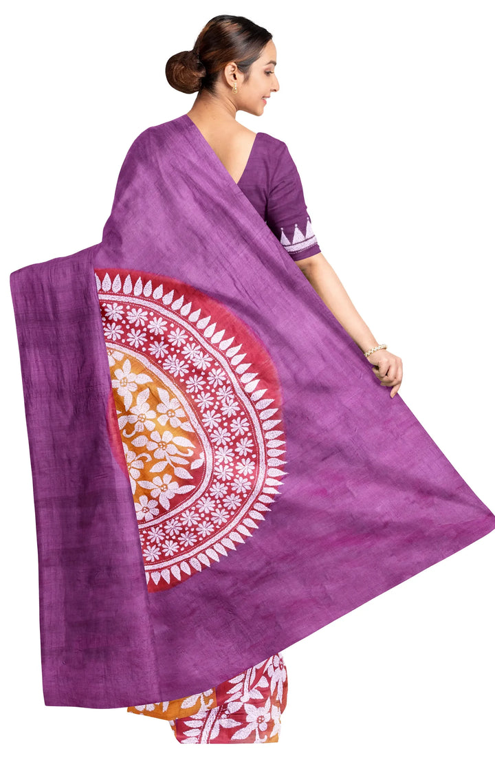 Kantha Tussar Silk Saree - Multi Colour