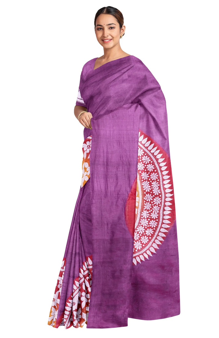 Kantha Tussar Silk Saree - Multi Colour