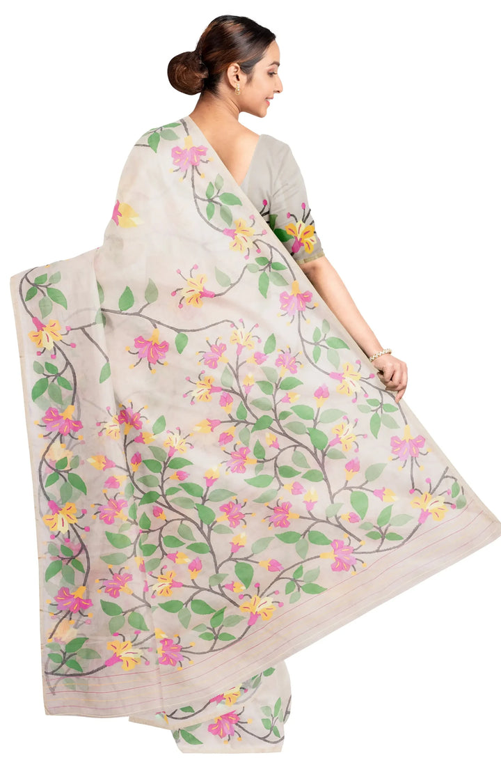 Kora Silk Jamdani Saree - Cream