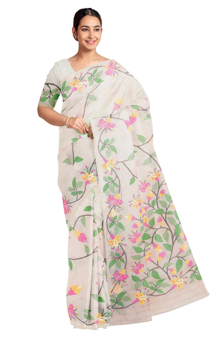 Kora Silk Jamdani Saree - Cream