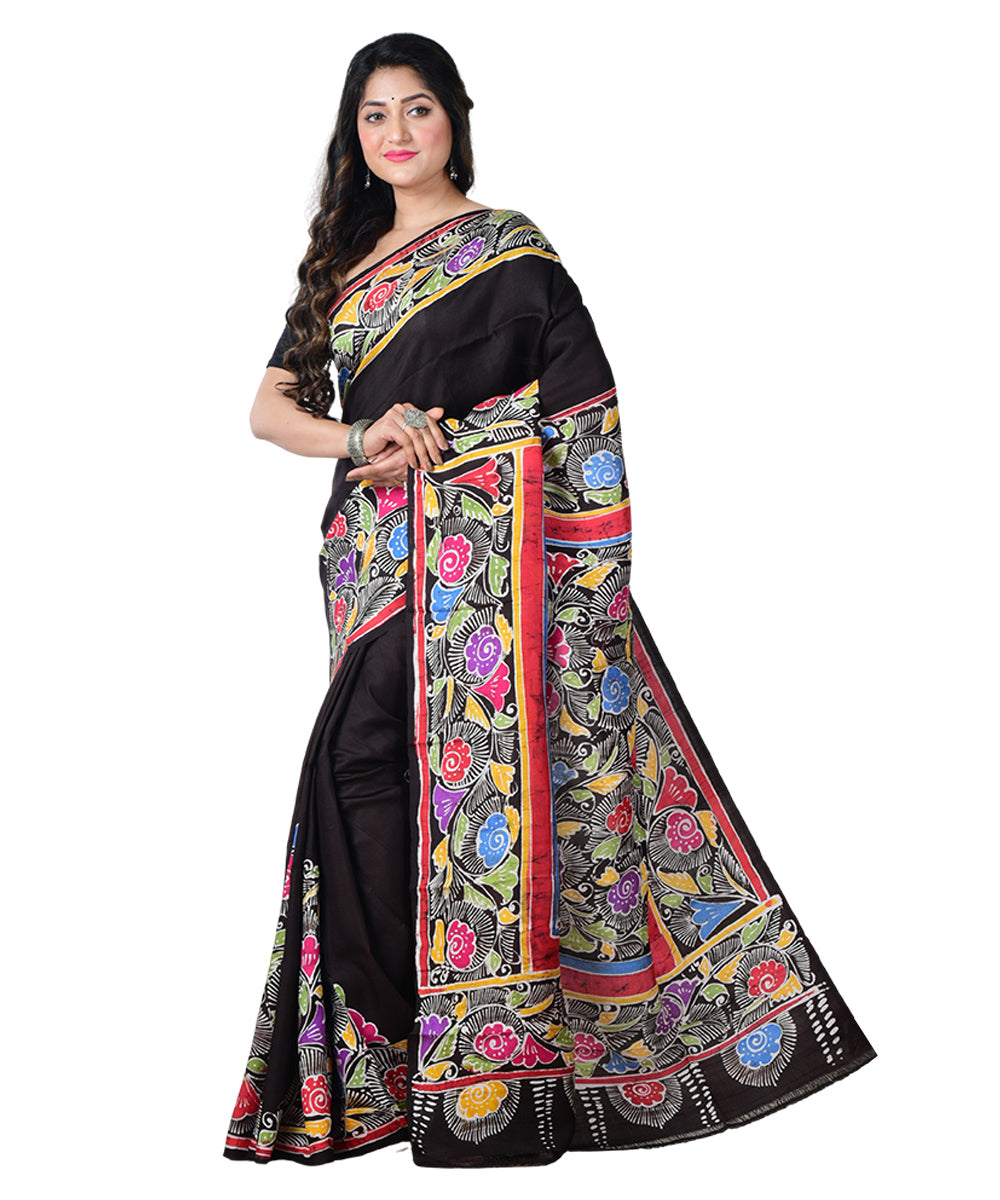 Black multicolor batik print handprinted silk saree