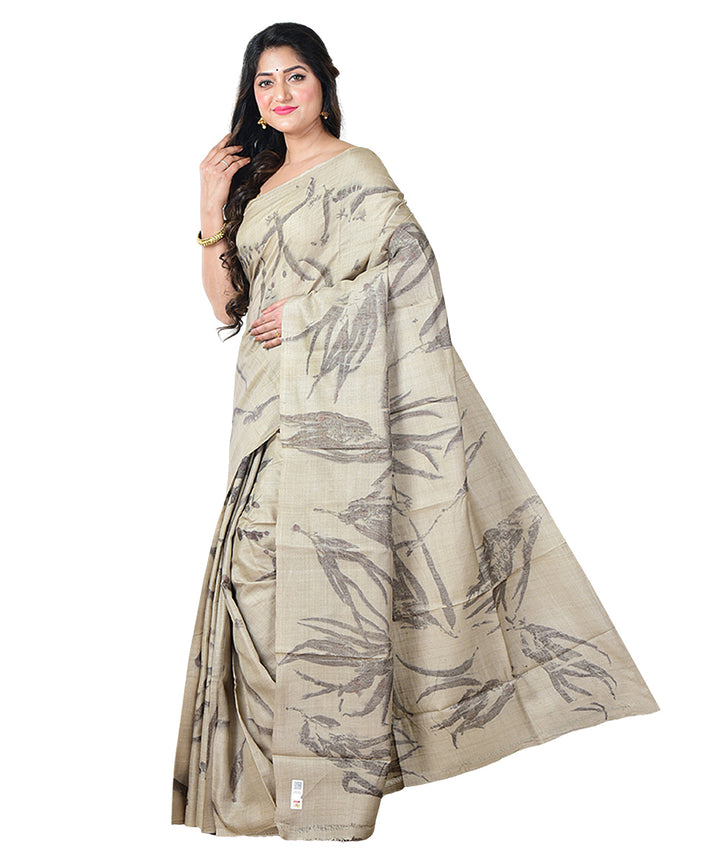 Grey black  handprinted tussar silk saree