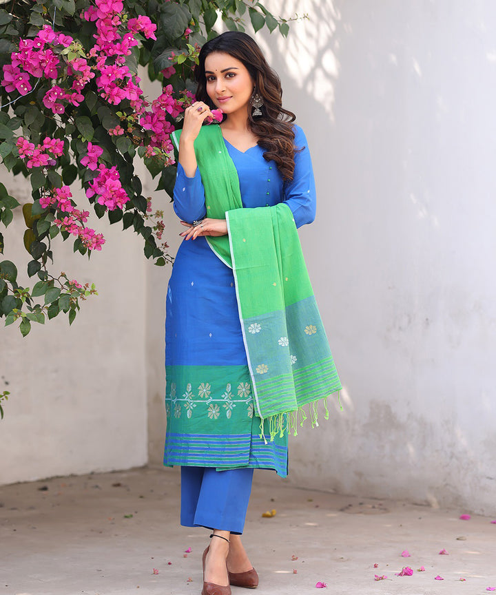 Blue green jamdani kurta set with dupatta