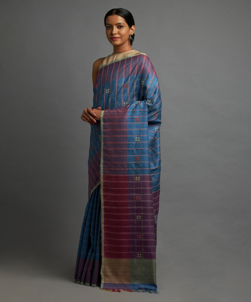 Egyptian blue tussar silk hand woven chhattisgarh kosa saree