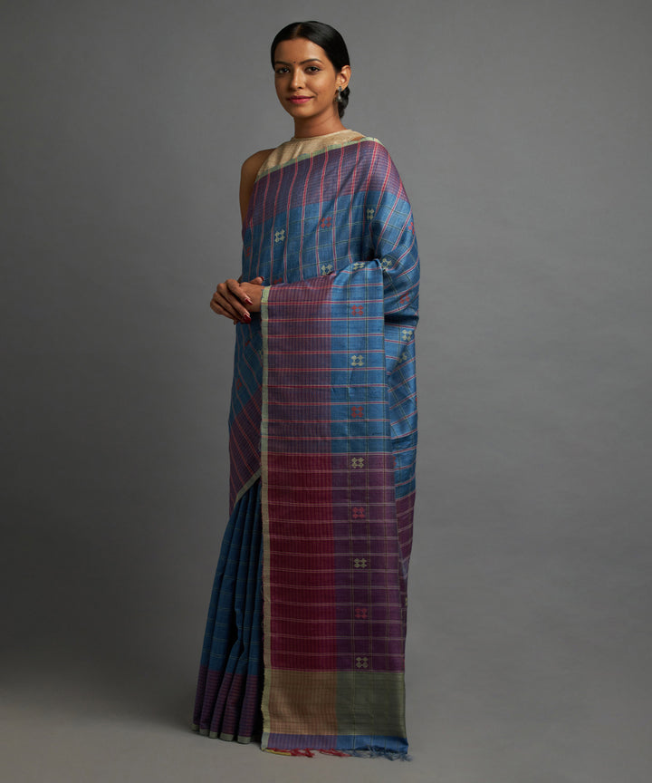 Egyptian blue tussar silk hand woven chhattisgarh kosa saree