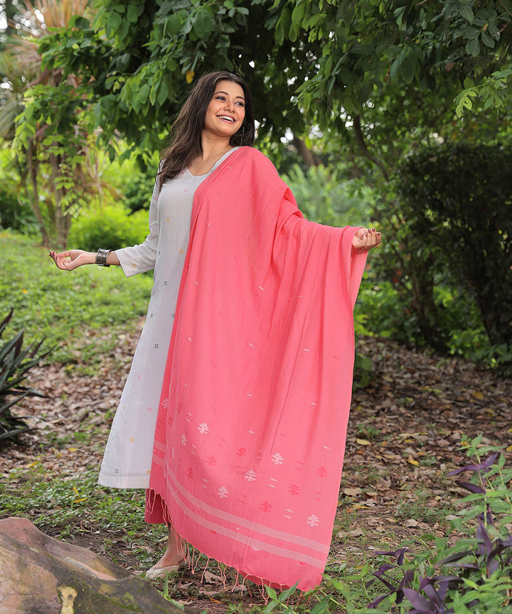 Handloom off white cotton square jamdani kurta set with dupatta