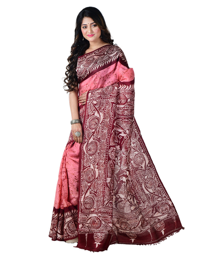 Pink maroon batik print handprinted silk saree