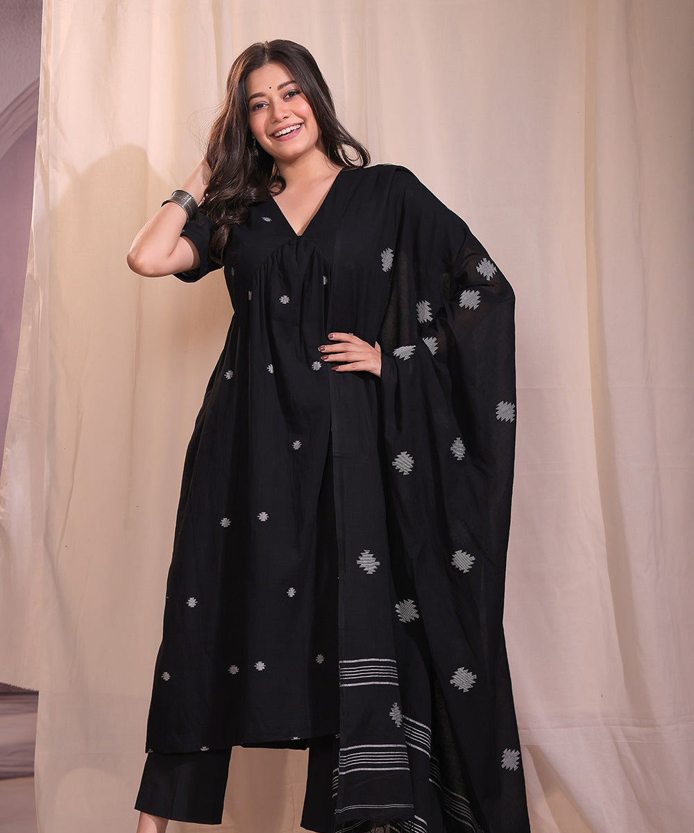 Handloom black cotton jamdani flared kurta set with dupatta