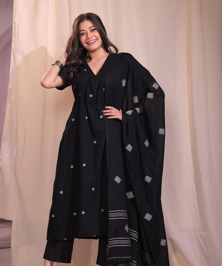 Handloom black cotton jamdani flared kurta set with dupatta