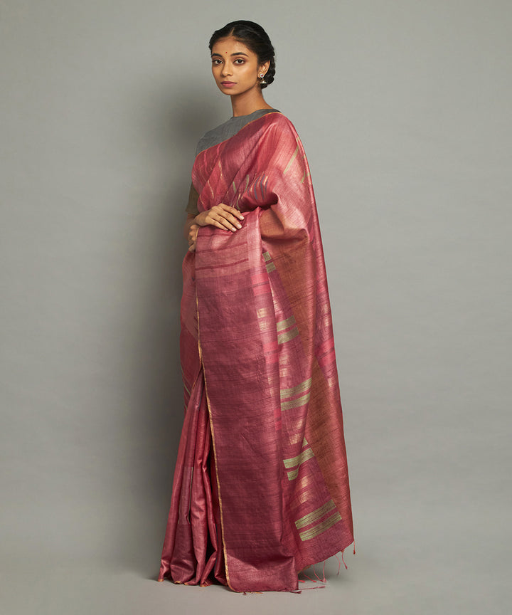 Red checkered tussar silk hand woven chhattisgarh kosa saree