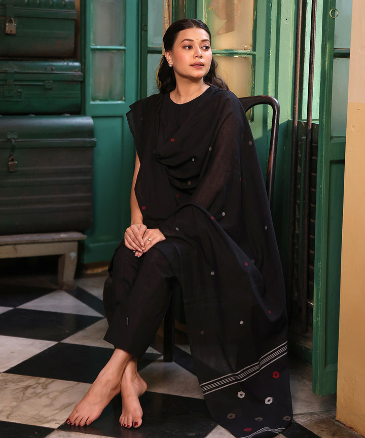 Black cotton kurta set with jamdani dupatta