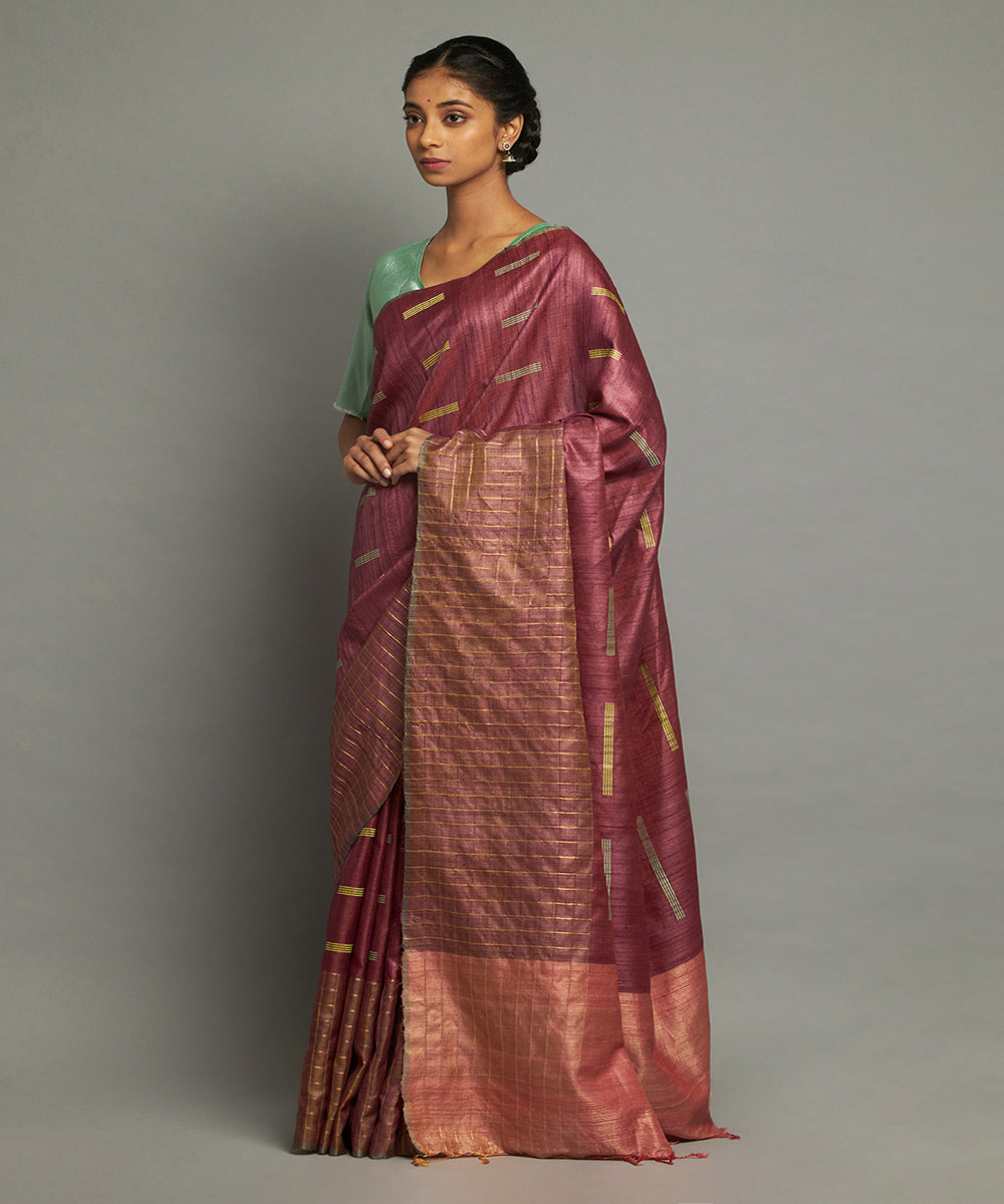 Purple hand woven tussar silk chhattisgarh kosa saree