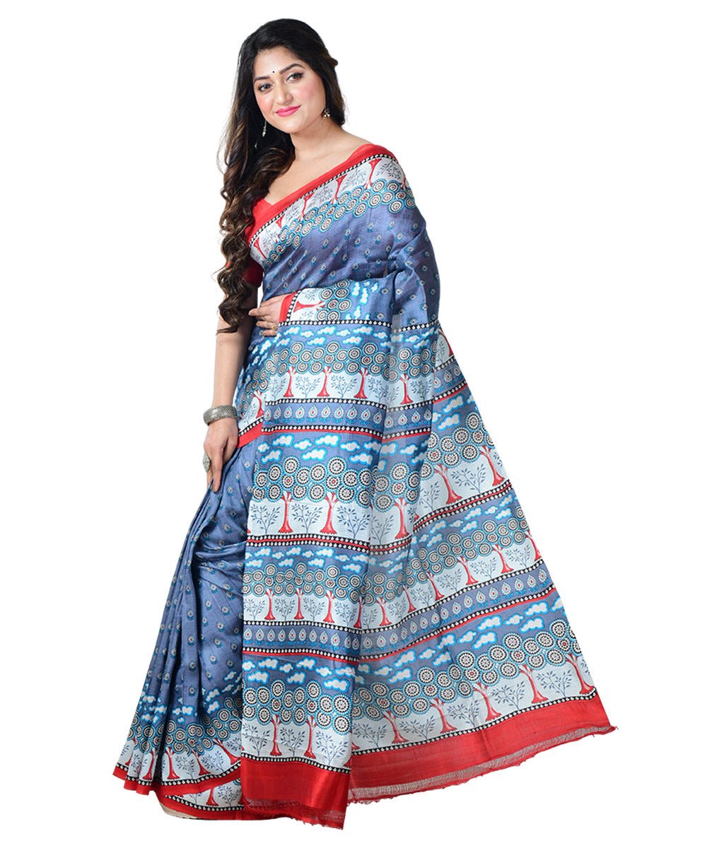 Grey multicolor  handprinted silk saree