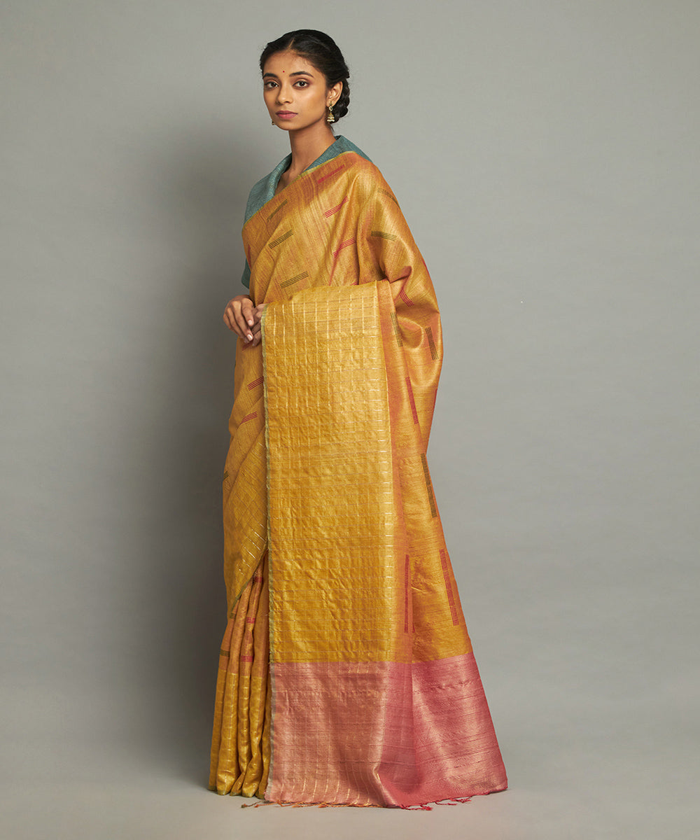 Yellow tussar silk handwoven chhattisgarh kosa saree
