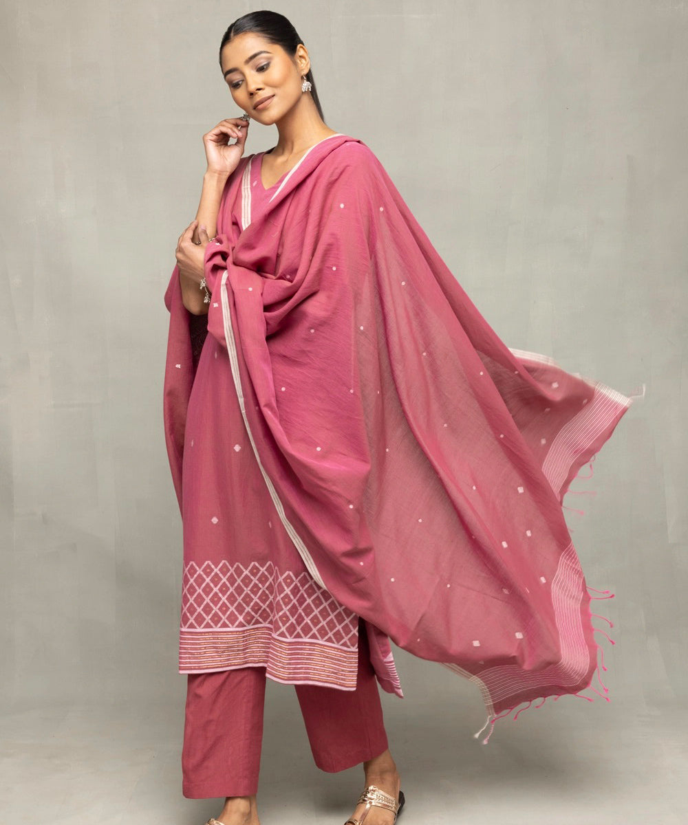 Dusty rose pink cross motifs jamdani kurta set with dupatta
