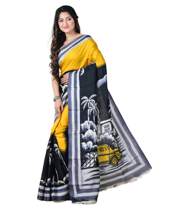 Yellow black  hand painted silk saree
