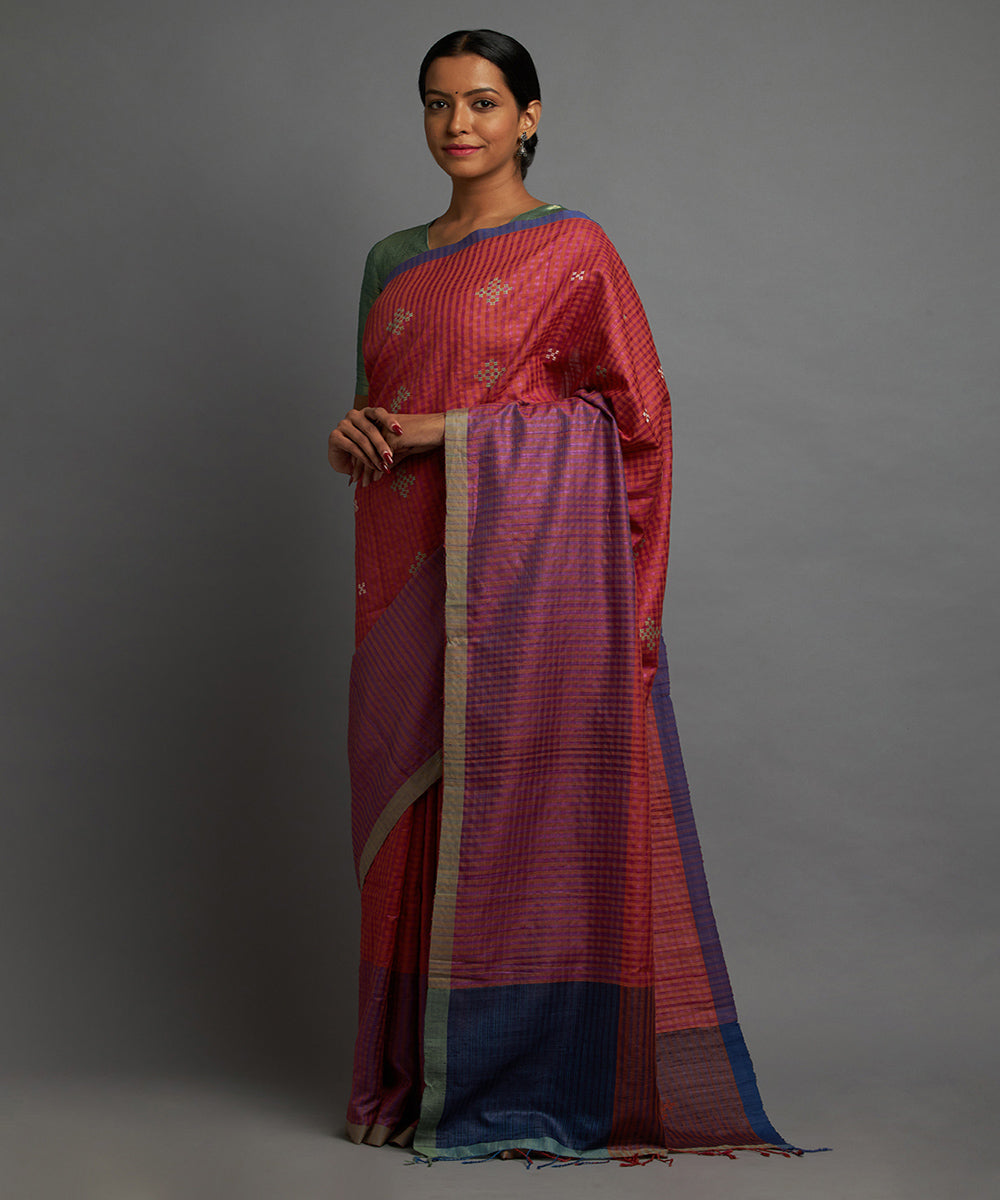 Magenta pumpkin orange tussar silk hand woven chhattisgarh kosa saree