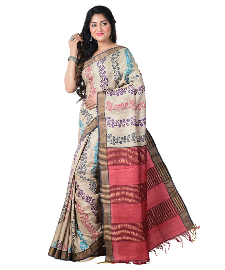 Beige multicolor block print handprinted tussar silk saree