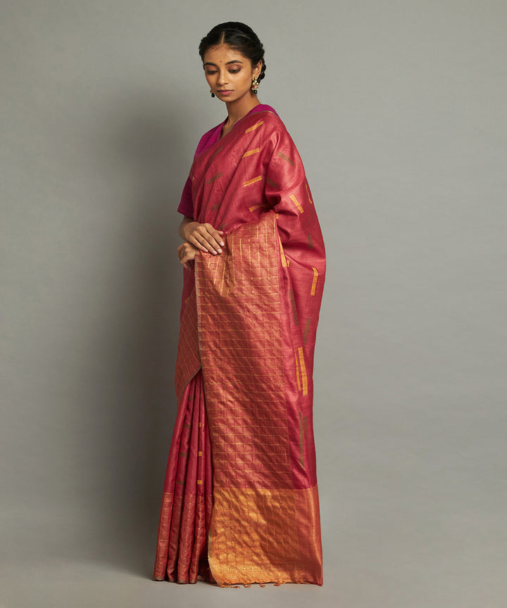 Bright red tussar silk hand woven chhattisgarh kosa saree