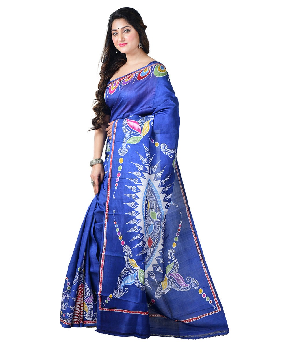 Navy blue white batik print handprinted silk saree