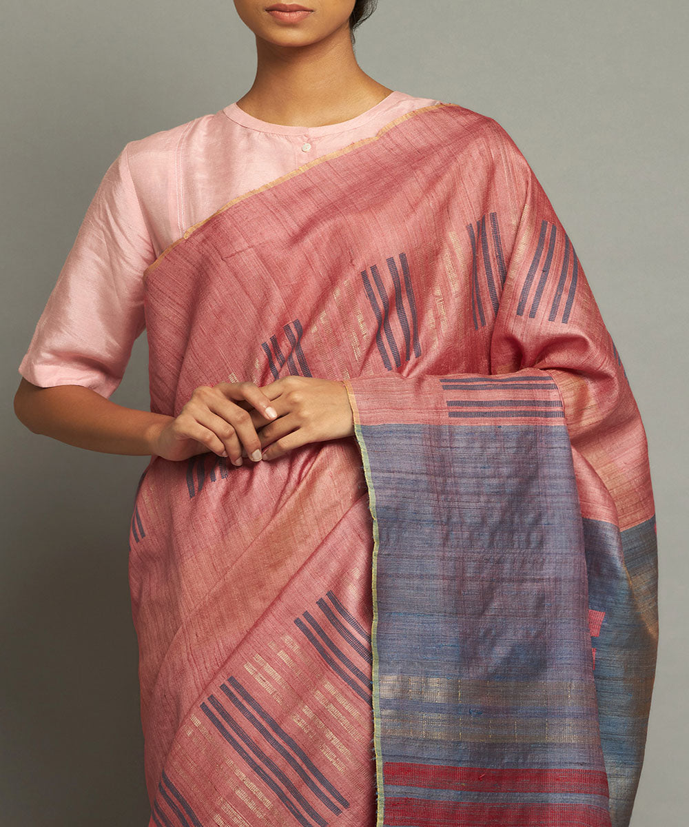 Coral blue tussar silk hand woven chhattisgarh kosa saree