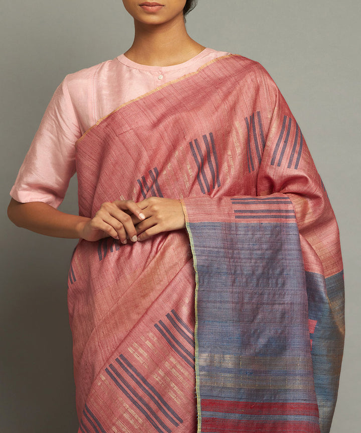 Coral blue tussar silk hand woven chhattisgarh kosa saree