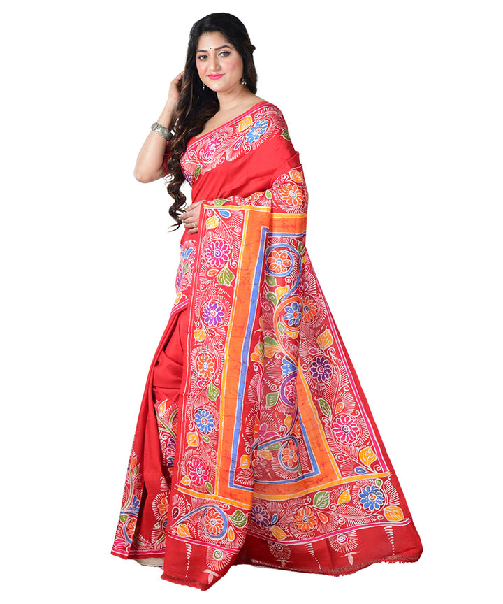 Red multicolor batik print handprinted silk saree