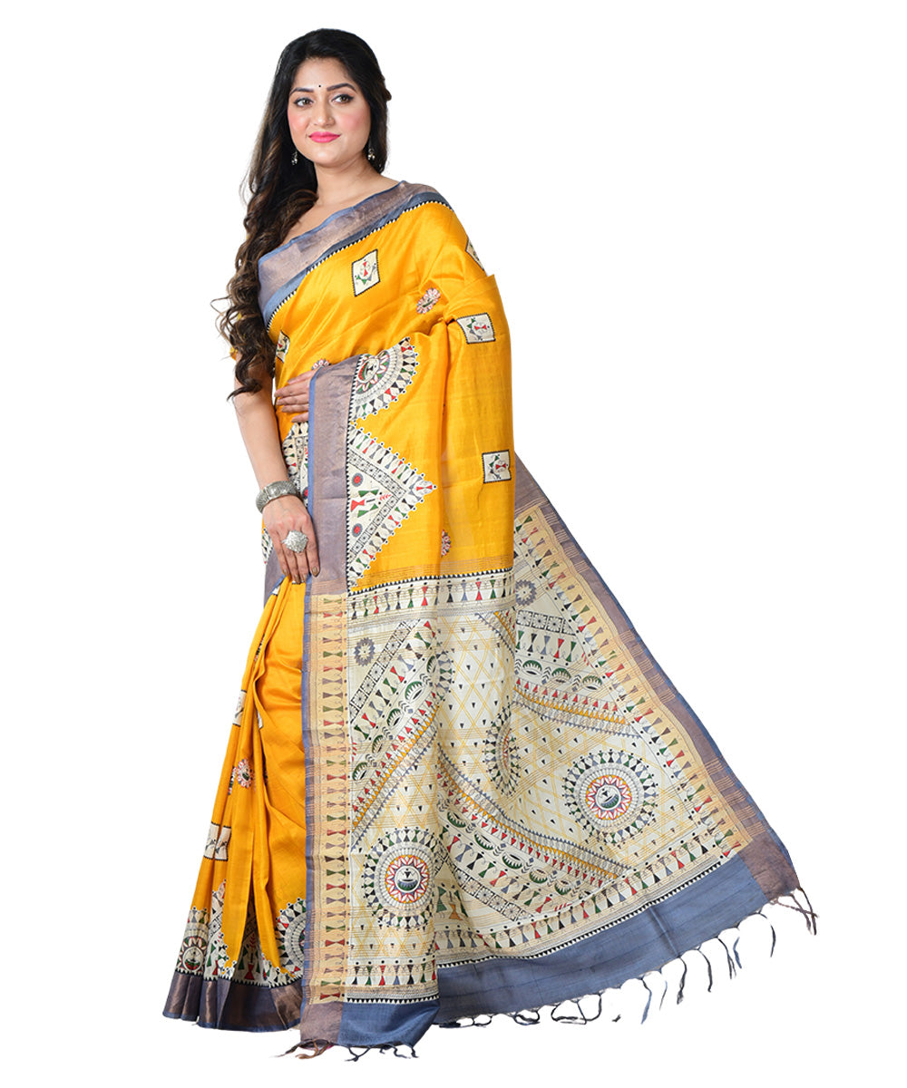 Mustard white block print handprinted silk saree