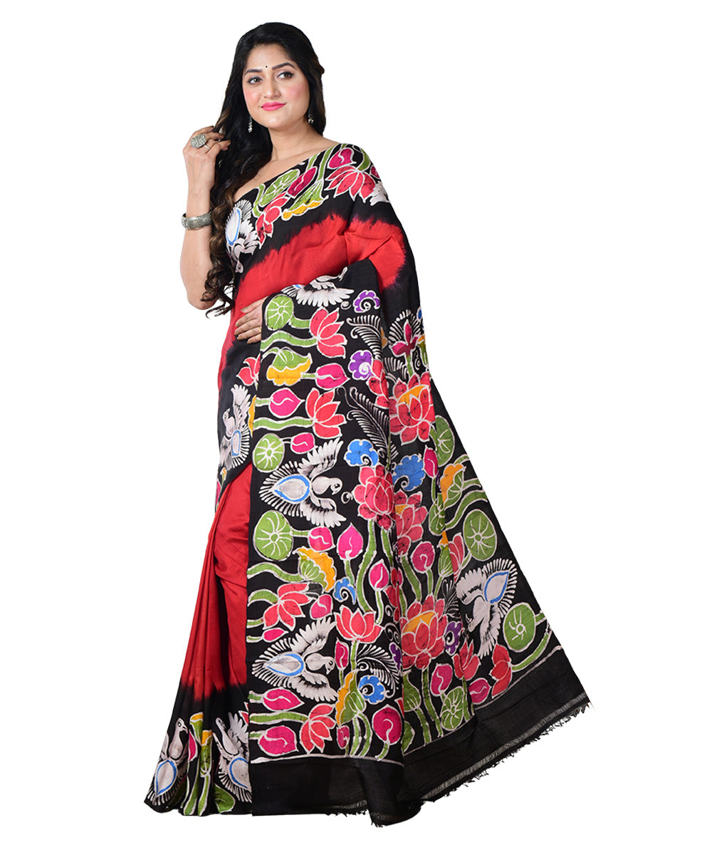 Red multicolor batik print handprinted silk saree
