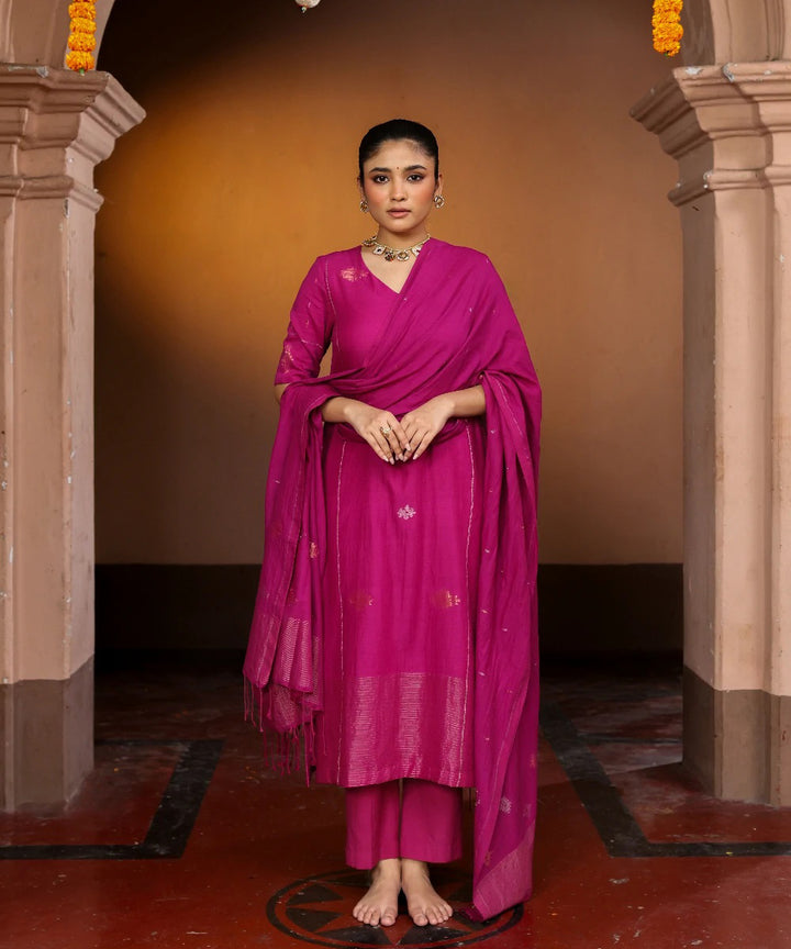 Handloom rani pink cotton zari jamdani kurta set with dupatta