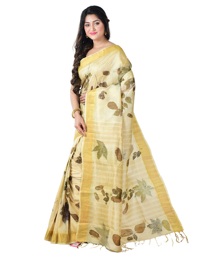 Beige green  handprinted silk saree
