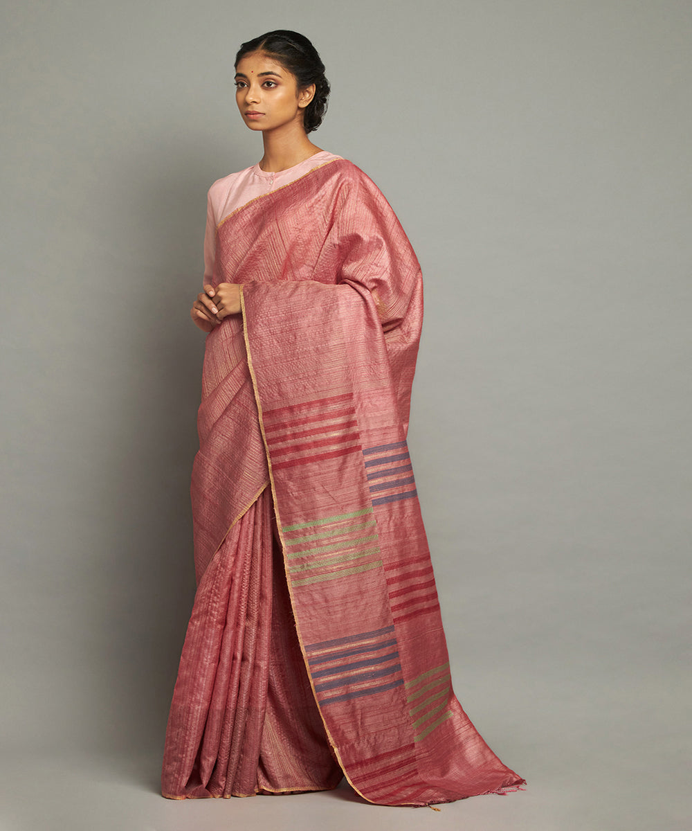 Coral zari tussar silk hand woven chhattisgarh kosa saree